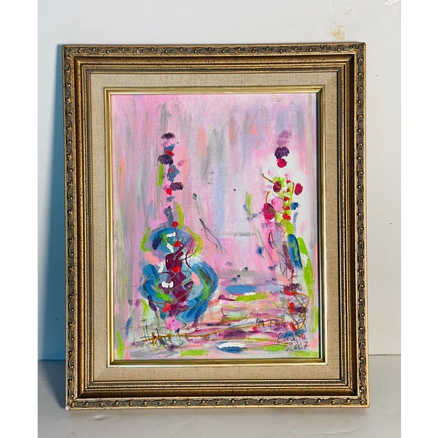 Abstract Painting on Canvas in Pink by Elia framed in antique gold frame.