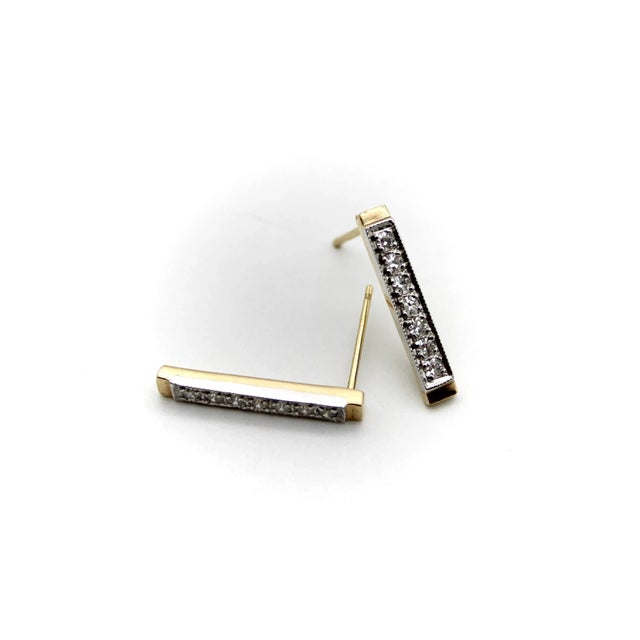 14k Gold Diamond Bar Earrings - 2 Pieces For Sale - Image 4 of 6