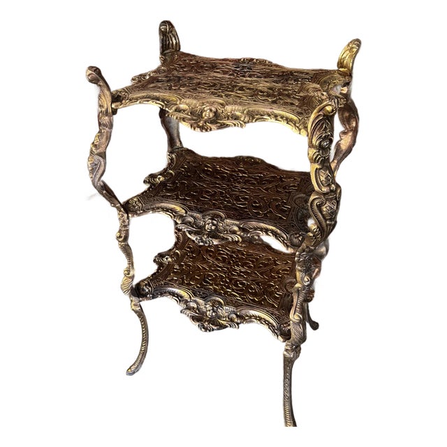 Late 19th Century Ornate Brass 3-Tiered Plant Stand or Accent Table With Intricate Engraved Details For Sale