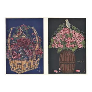 1907 French Art Nouveau Chromolithograph of Flowers in Baskets With Birds