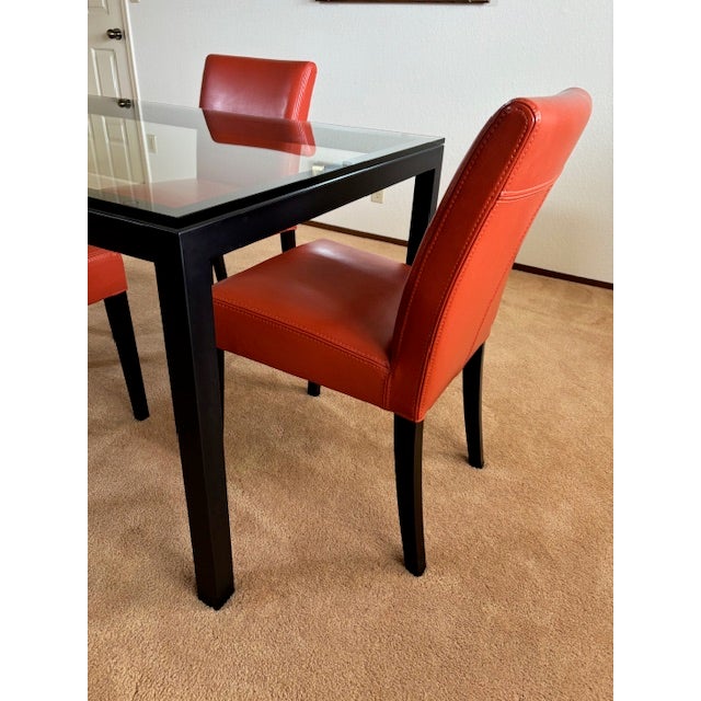 Modern Mid Century Modern Crate & Barrel Parsons Steel & Glass Dining Table With Set of Four Lowe Leather Group Side Chairs For Sale - Image 3 of 8