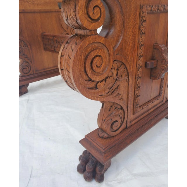 1930s Ornately Carved Draw Leaf Table & 6 Dining Chairs Set With Claw Feet For Sale In Los Angeles - Image 6 of 13