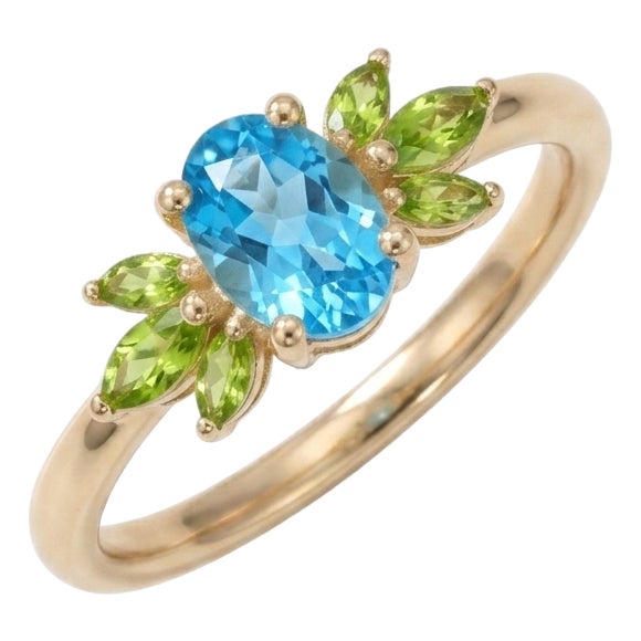 Swiss Blue Topaz & Peridot Ring | Floral Cluster Ring | Dainty Dual Gemstone Ring Us 7 For Sale