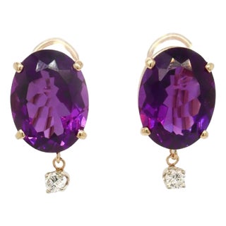 Antique 14k Gold, Oval Cut Amethyst, & Diamond Earrings For Sale