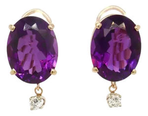 Antique 14k Gold, Oval Cut Amethyst, & Diamond Earrings
