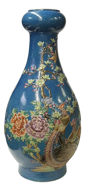 Oriental Bright Blue Glaze Color Flower Bird Ceramic Art Vase