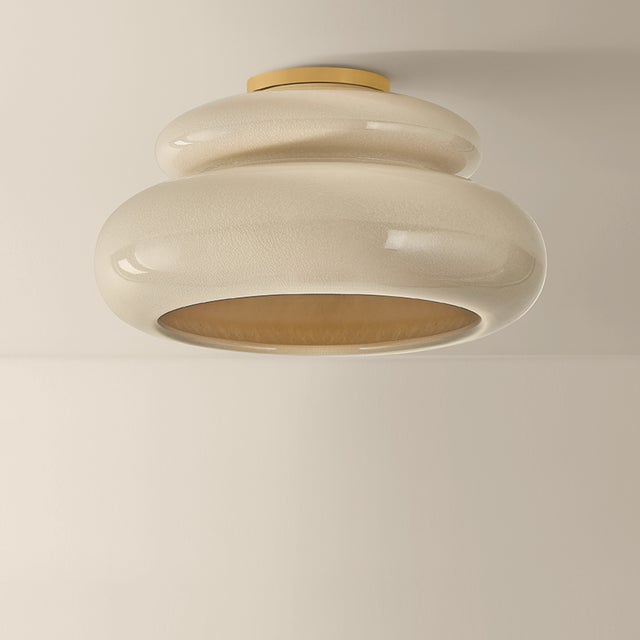 Contemporary Mitzi Pia 16 in. 1 Light Semi Flush in Aged Brass and Ceramic Butter Crackle Finish For Sale - Image 3 of 4