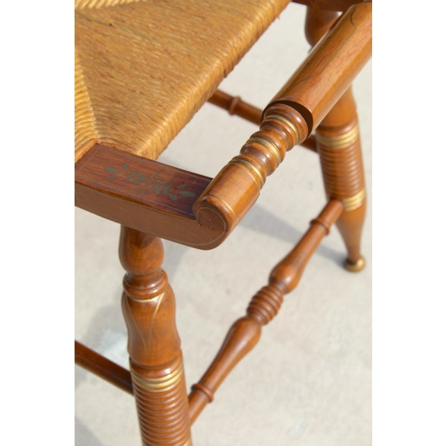 Vintage Hitchcock-Style Maple Bench With Woven Rush Seat & Gold Stenciling For Sale - Image 13 of 18