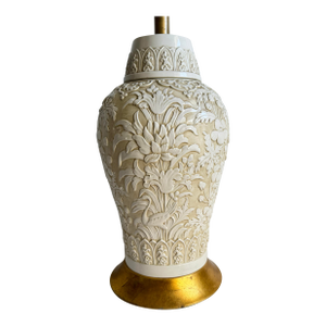 Chinoiserie Floral Bird Table Lamp Vintage Chapman Ginger Jar Cream & Gold 1970s Vintage
