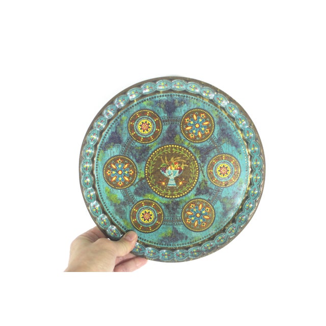 Vintage Turquoise Blue Decorated Metal Cocktail Drinks Tray Made by Baret Ware For Sale - Image 4 of 10