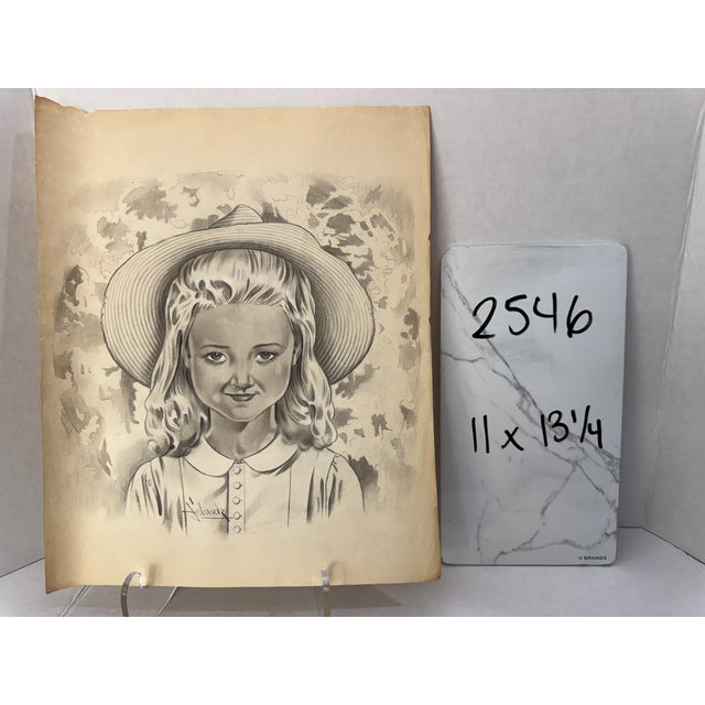 White 1940s Original Signed Graphite Illustration of Young Girl in Wide-Brimmed Hat, 13.75 × 11 In. For Sale - Image 8 of 8