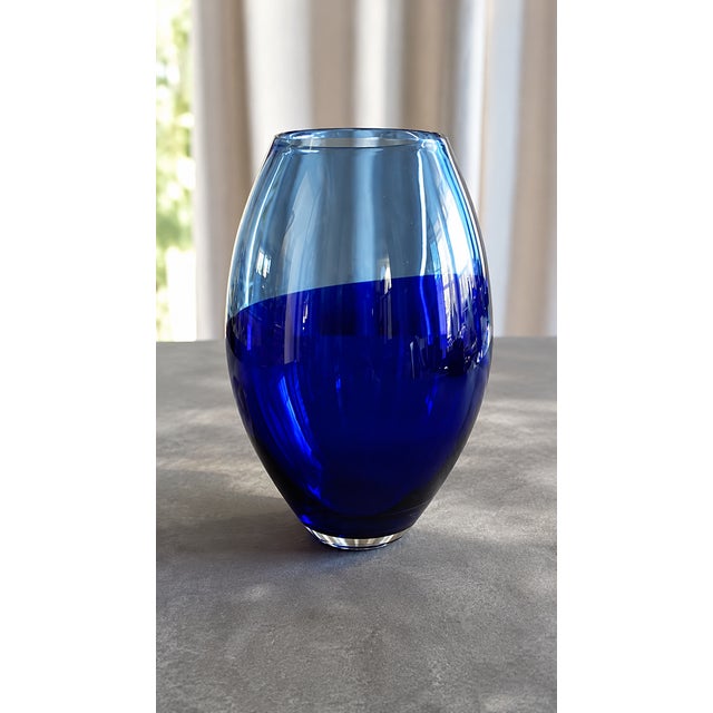 1980s Scandinavian Cobalt Blue Art Glass Vase | Heavy Hand Blown Mid Century Modern Statement Decor 9" For Sale - Image 5 of 9