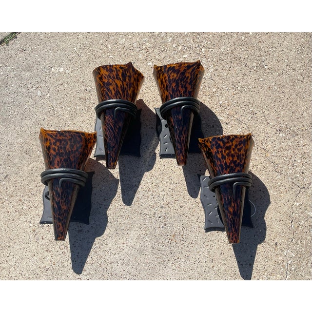 Pair of Hand-blown Italian Glass Tortoise Shell Leopard Sconces Gorgeous large sconces in handblown multi-layered leopard...