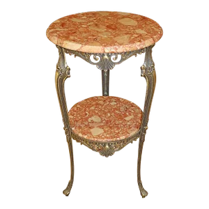 1990s Italian Bronze and Marble Two Tier Round End Table Pedestal Table
