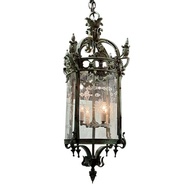 Antique English Pantinated Iron Lantern With Etched Glass For Sale