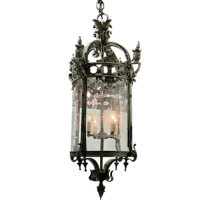Antique English Pantinated Iron Lantern With Etched Glass