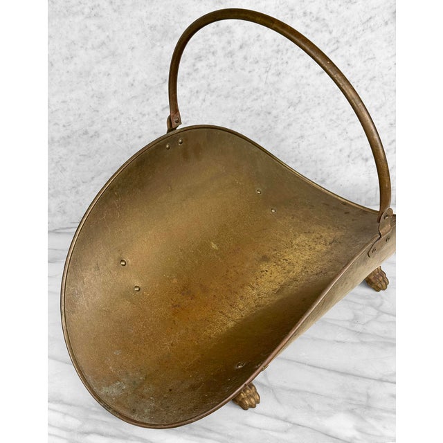 Metal Vintage English Regency Brass Lions Paw Fireplace Firewood Log Holder For Sale - Image 7 of 10