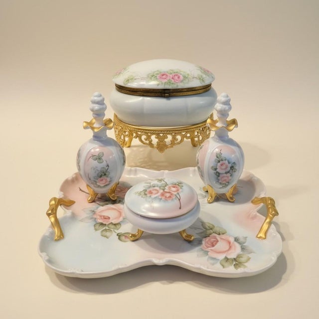Vintage Hand Painted Porcelain Vanity Set-Tray-Perfume Bottles-Casket-Jar-Signed For Sale - Image 11 of 11