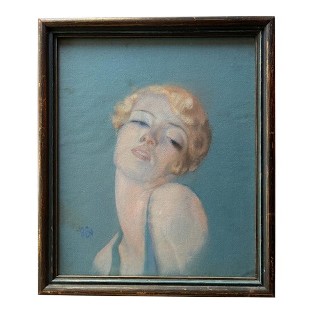 Vintage Mid Century Framed Jean Harlow Pastel Portrait, Monogrammed r.e.w. For Sale