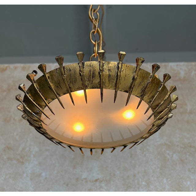 Spanish 1960s Brutalist Gilt Metal Nail Design Sunburst Ceiling Fixture For Sale - Image 4 of 12