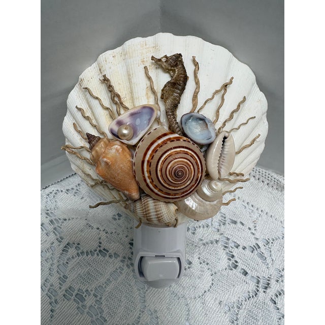 Natural seashell night light with sea life found objects, assorted shells, pearl accents and sea horse fossil. Fun for any...