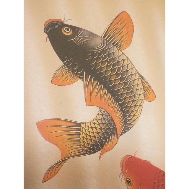 Green "Carps", After Shinyū, Heisei Era Printed Japanese Silk Scroll For Sale - Image 8 of 18