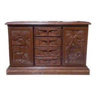 Vintage Hand-Carved Wooden Deep Relief Jewelry Cabinet Tropical Farming Motif For Sale