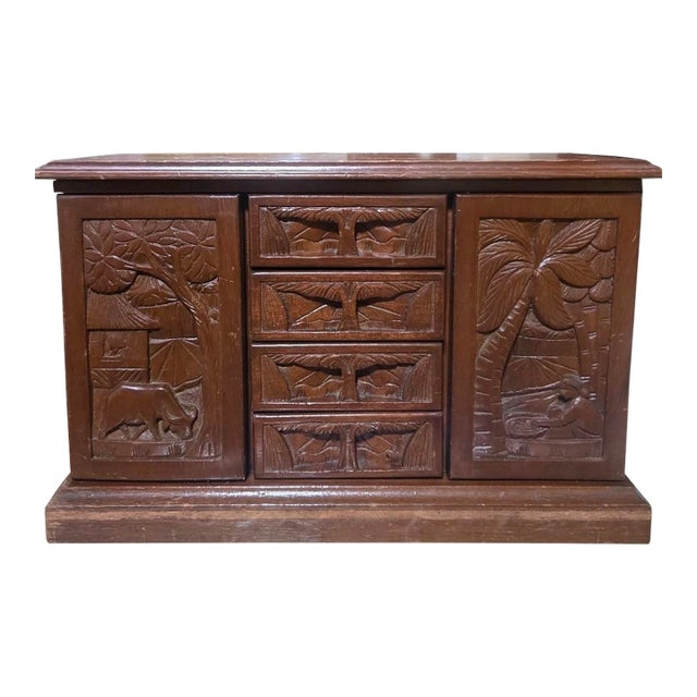 Vintage Hand-Carved Wooden Deep Relief Jewelry Cabinet Tropical Farming Motif For Sale