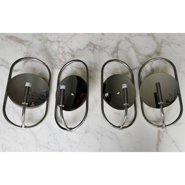 2010s Pair of Urban Electric Large Nickel Bit Sconces With Linen Shades For Sale - Image 5 of 10
