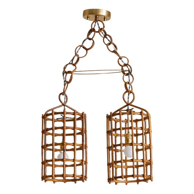1960s Italian Double Bamboo Lantern Pendant For Sale