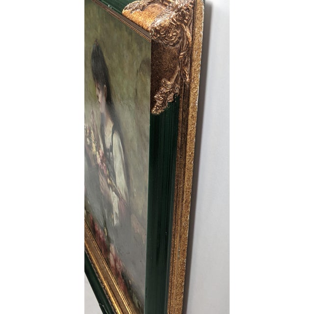 Late 19th Century Attributed Sophie-Vera Bovet Large Vivid Floral Figurative Oil Painting, Green & Gold Gilt Frame For Sale - Image 4 of 17