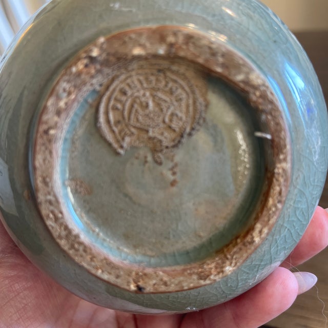 1970s Mid-Century Studio Celadon Double-Gourd Vase With Inlaid Lotus and Medieval Seal Mark For Sale - Image 12 of 12