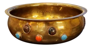 Antique Himalayan Indian Agate Gemstone Cabochon Encrusted Brass Ritual Bowl