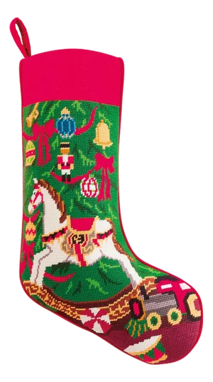 Christmas Rocking Horse Embroidered Needlepoint Stocking