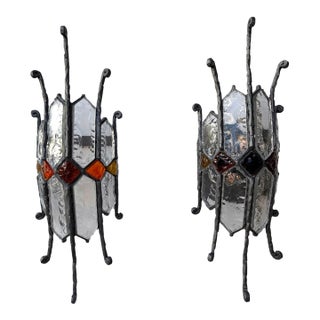 Pair of Hammered Glass Wrought Iron Sconces by Longobard, Italy, 1970s For Sale