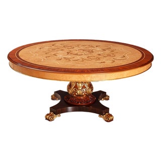 Italian Round Marquetry Dining Table With Olive Ash Veneer & Gold Leaf Pedestal For Sale