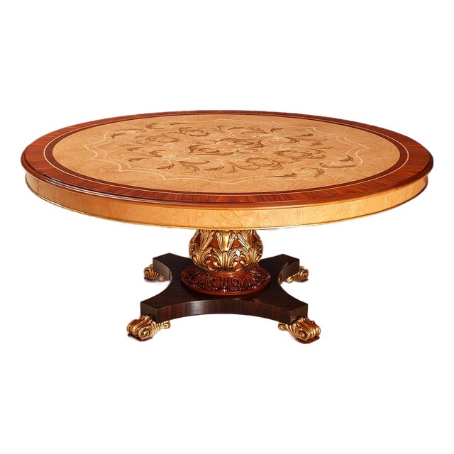 Italian Round Marquetry Dining Table With Olive Ash Veneer & Gold Leaf Pedestal For Sale