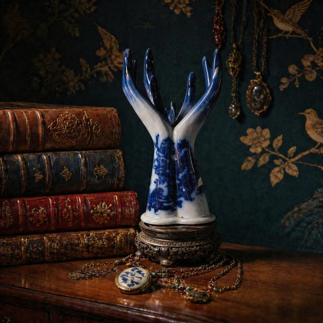 Vintage Blue and White Porcelain Chinoiserie Flow Blue Hands Sculpture Vase on Ornate Base For Sale - Image 9 of 9