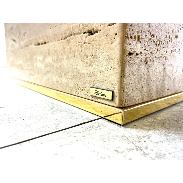Brass and Travertine Coffee Table attributed to Fedam, 1970s For Sale - Image 9 of 12