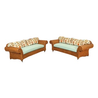 Lane Venture Excursions Pair Of Wicker Sofas With Cushions For Sale