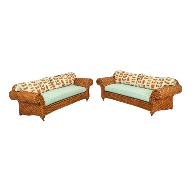 Lane Venture Excursions Pair Of Wicker Sofas With Cushions For Sale