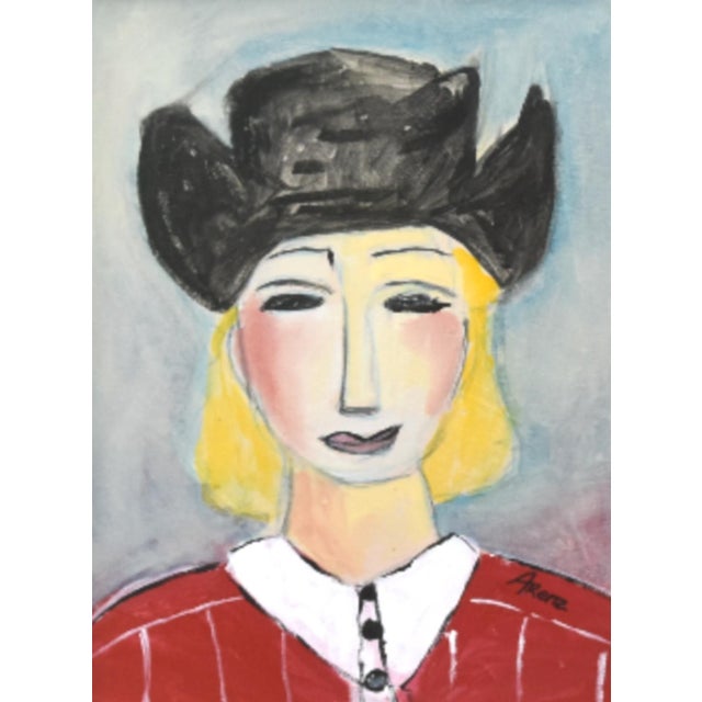 Abstract Fun Abstract Cowgirl W/ Hat Portrait Oil Painting Including the Antiqued Gold Wood Frame For Sale - Image 3 of 5