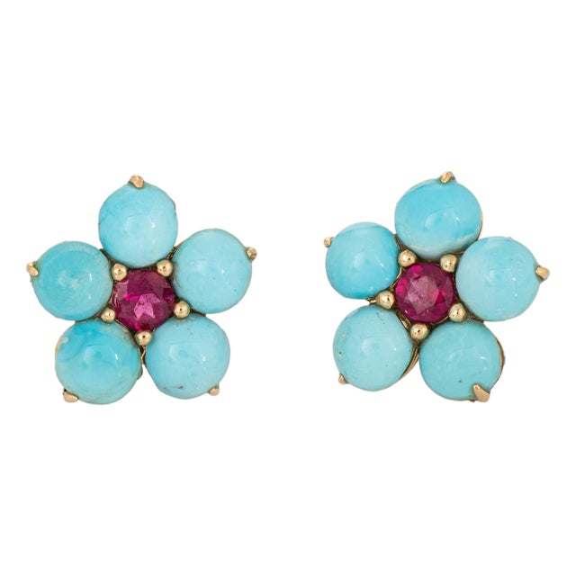 Turquoise Pink Tourmaline Flower Earrings 18k Yellow Gold Fine Jewelry, A Pair For Sale