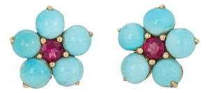 Turquoise Pink Tourmaline Flower Earrings 18k Yellow Gold Fine Jewelry, A Pair