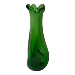 Vintage MCM Handmade Green Swung Dimple Vase Glass Art