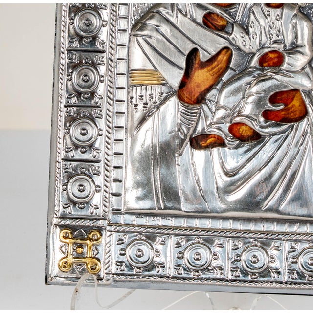 Late 20th Century Italian .925 Silver Icon of Virgin Mary & Christ Child, Gold-Accented For Sale - Image 4 of 8