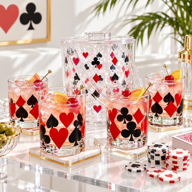 A vintage set of cocktail glasses with poker suit graphics, and a matching ice bucket.