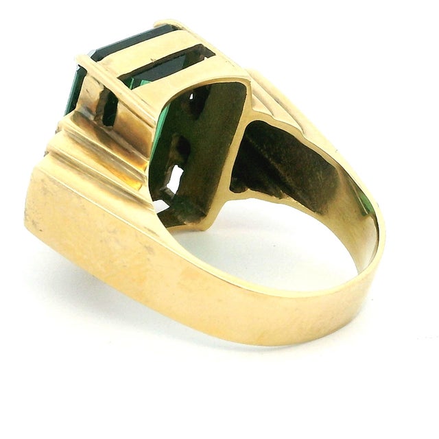 1970s Emerald Cut Green Tourmaline and Diamond 18k Gold Statement Ring, Size 7.5 For Sale - Image 9 of 15