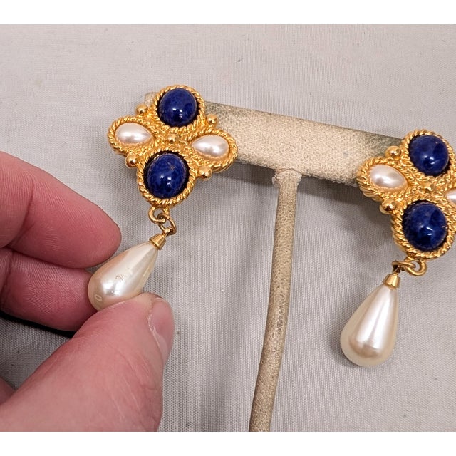 1990s Vintage 1991 Napier Book Piece Faux-Lapis & Faux-Pearl Pierced Earrings- 2 Pieces For Sale - Image 5 of 7
