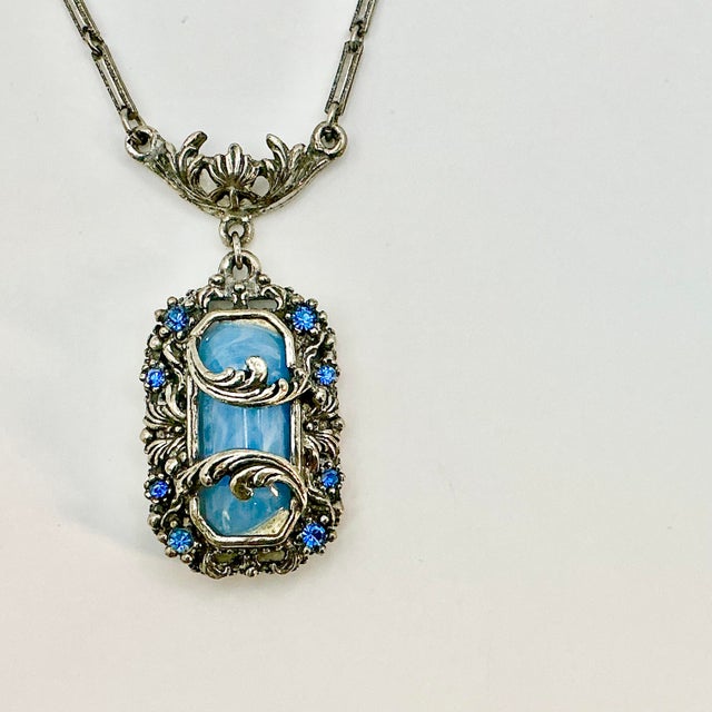 1920s Antique Art Deco Art Nouveau Blue Glass & Silver Tone Pendant Necklace, 14.5”. For Sale - Image 9 of 12